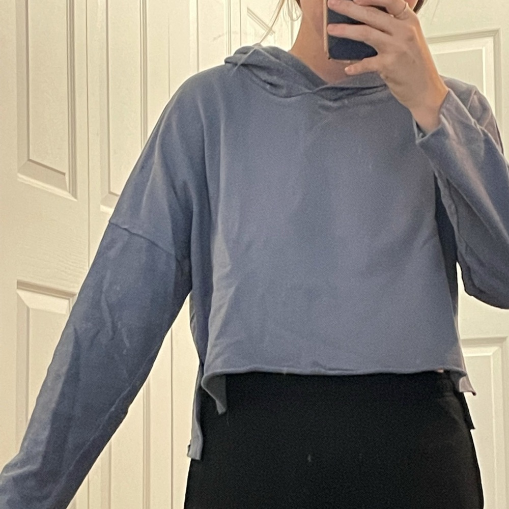 Blue hoodie with terry cloth sleeves